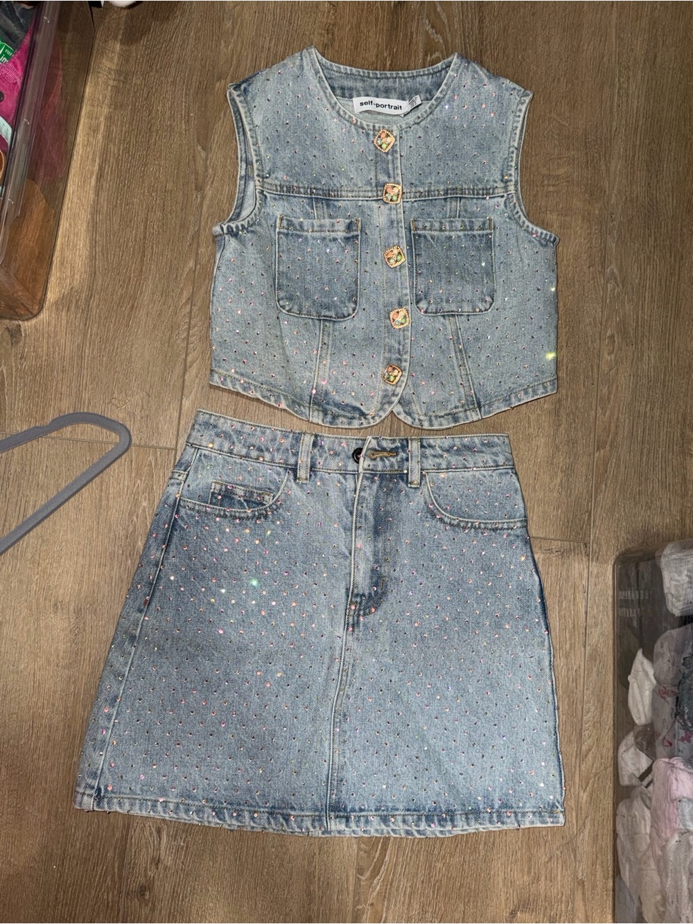 Self Portrait Light Blue Denim Rhinestone Vest & Skirt Set - Picture 2 of 4